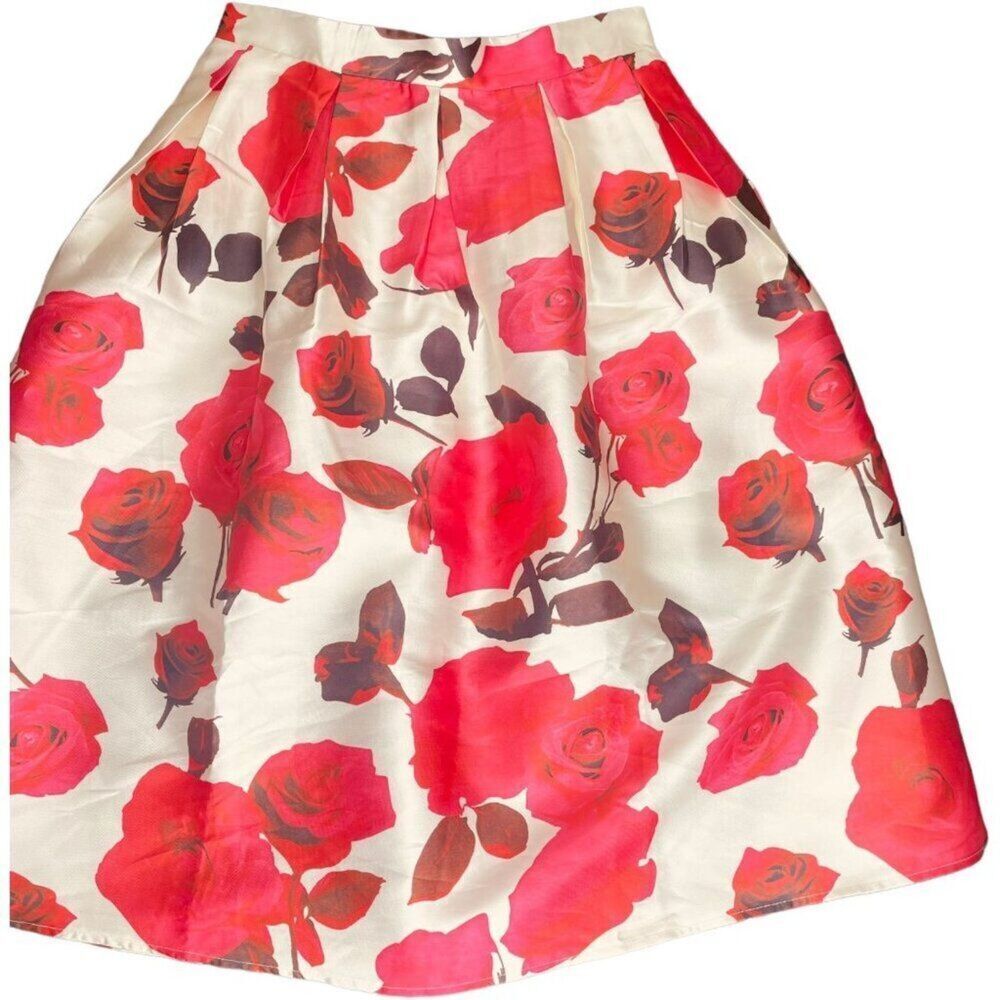 Chicwish | Red Rose Floral Pleated Full Midi Skirt Cream Satin Size M | EUC - Picture 3 of 10